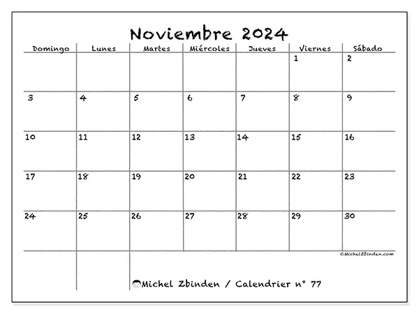 Calendario n.° 77 para imprimir gratis, noviembre 2025. Semana:  De domingo a sábado