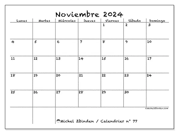 Calendario n.° 77 para noviembre de 2024 para imprimir gratis. Semana: De lunes a domingo.