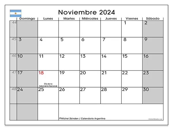 Calendario Argentina para imprimir gratis de noviembre de 2024. Semana: De domingo a sábado.
