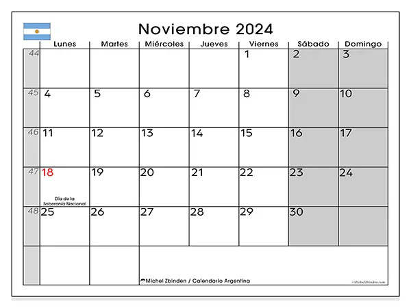 Calendario Argentina para imprimir gratis de noviembre de 2024. Semana: De lunes a domingo.