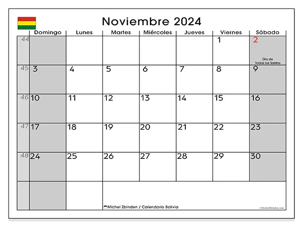 Calendario Bolivia para imprimir gratis de noviembre de 2024. Semana: De domingo a sábado.