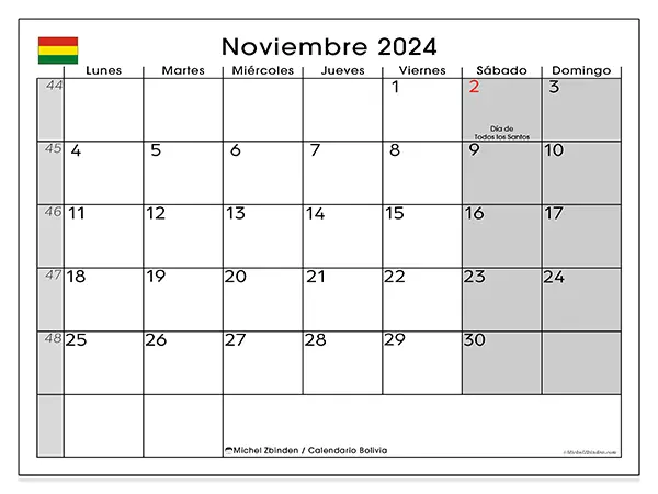 Calendario Bolivia para imprimir gratis de noviembre de 2024. Semana: De lunes a domingo.