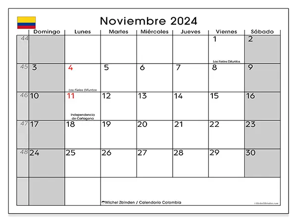 Calendario para imprimir gratis de Colombia para noviembre de 2024. Semana : De domingo a sábado.