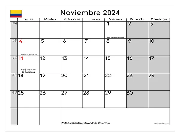 Calendario para imprimir gratis de Colombia para noviembre de 2024. Semana : De lunes a domingo.