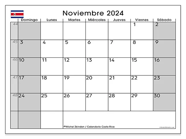 Calendario para imprimir gratis de Costa Rica para noviembre de 2024. Semana : De domingo a sábado.