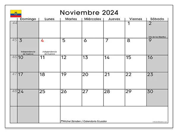 Calendario Ecuador para imprimir gratis de noviembre de 2024. Semana: De domingo a sábado.