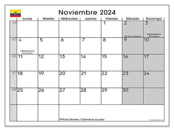 Calendario Ecuador para imprimir gratis de noviembre de 2024. Semana: De lunes a domingo.