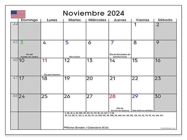 Calendario Estados Unidos para imprimir gratis de noviembre de 2024. Semana: De domingo a sábado.