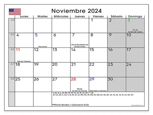 Calendario Estados Unidos para imprimir gratis de noviembre de 2024. Semana: De lunes a domingo.