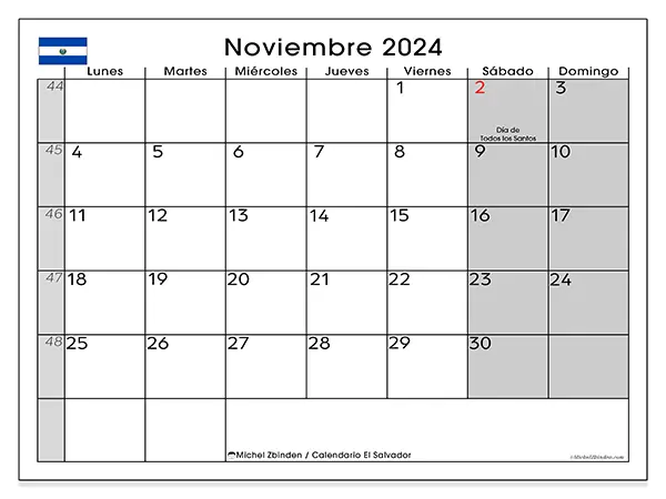 Calendario El Salvador para imprimir gratis de noviembre de 2024. Semana: De lunes a domingo.