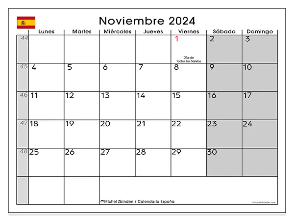 Calendario España para imprimir gratis de noviembre de 2024. Semana: De lunes a domingo.