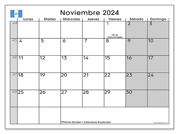 Calendario Guatemala para imprimir gratis de noviembre de 2024. Semana: De lunes a domingo.