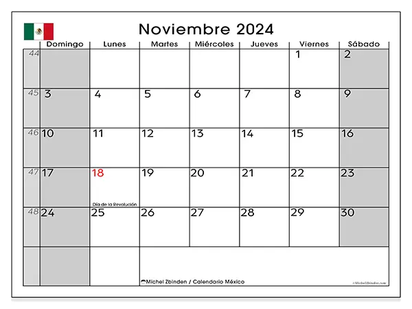 Calendario México para imprimir gratis de noviembre de 2024. Semana: De domingo a sábado.