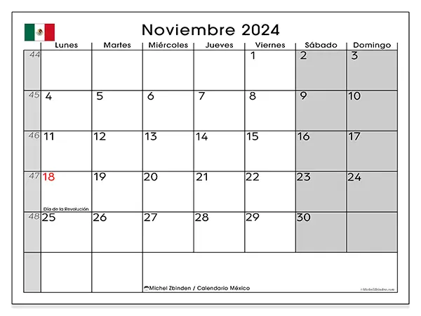 Calendario México para imprimir gratis de noviembre de 2024. Semana: De lunes a domingo.