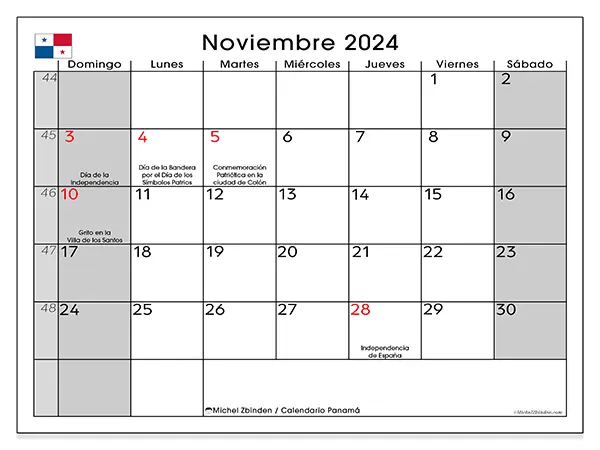 Calendario Panamá para imprimir gratis de noviembre de 2024. Semana: De domingo a sábado.