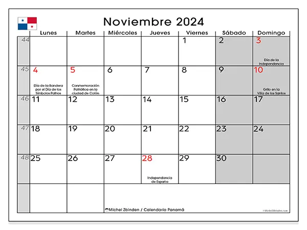 Calendario Panamá para imprimir gratis de noviembre de 2024. Semana: De lunes a domingo.
