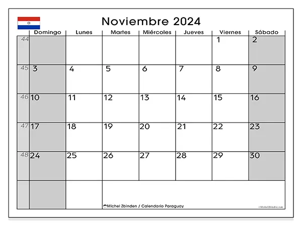 Calendario Paraguay para imprimir gratis de noviembre de 2024. Semana: De domingo a sábado.