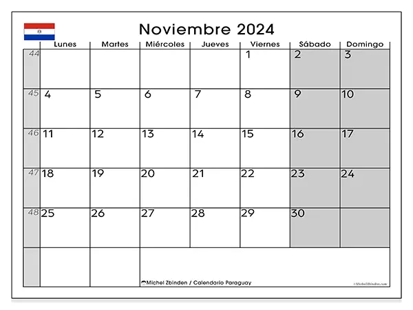 Calendario Paraguay para imprimir gratis de noviembre de 2024. Semana: De lunes a domingo.