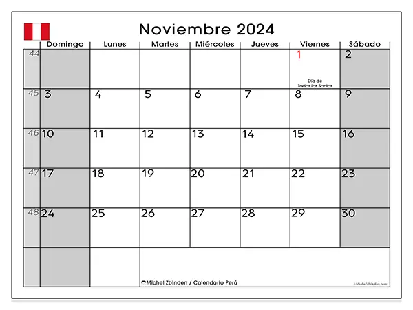 Calendario Perú para imprimir gratis de noviembre de 2024. Semana: De domingo a sábado.