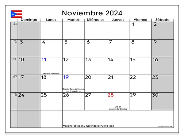 Calendario Puerto Rico para imprimir gratis de noviembre de 2024. Semana: De domingo a sábado.