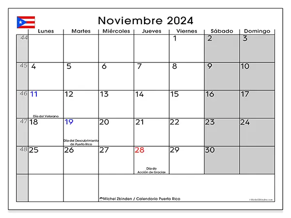 Calendario Puerto Rico para imprimir gratis de noviembre de 2024. Semana: De lunes a domingo.