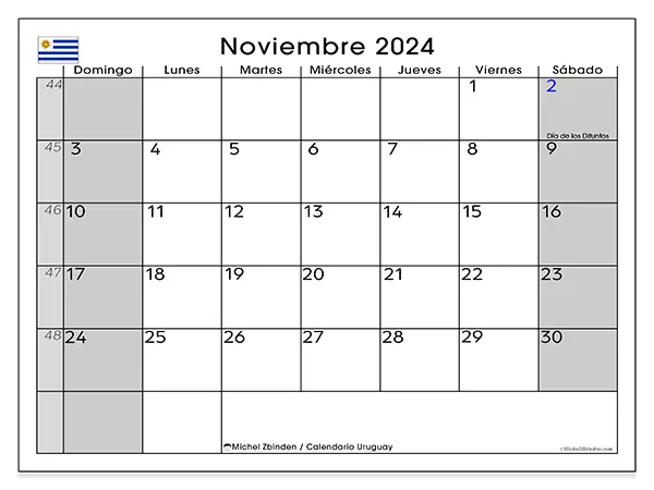 Calendario para imprimir gratis de Uruguay para noviembre de 2024. Semana : De domingo a sábado.