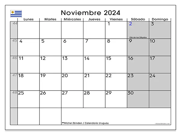Calendario para imprimir gratis de Uruguay para noviembre de 2024. Semana : De lunes a domingo.