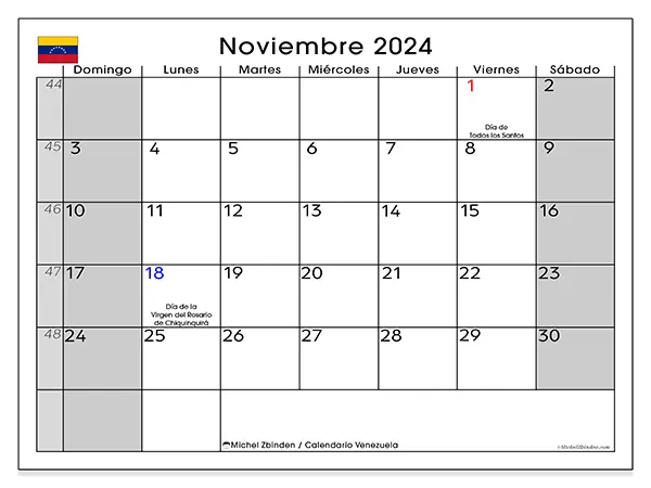 Calendario Venezuela para imprimir gratis de noviembre de 2024. Semana: De domingo a sábado.
