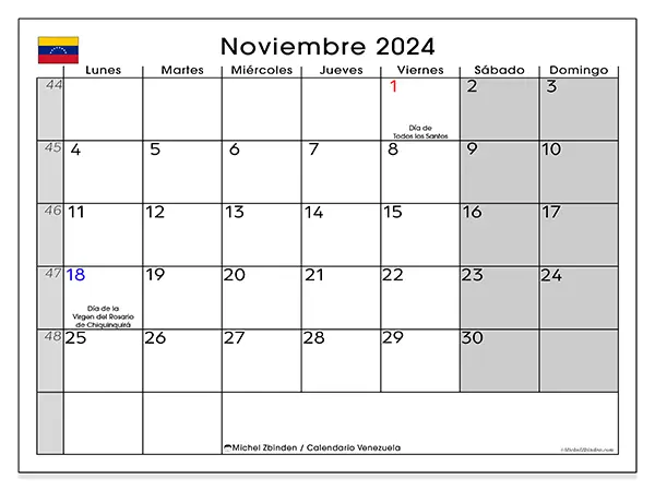 Calendario Venezuela para imprimir gratis de noviembre de 2024. Semana: De lunes a domingo.