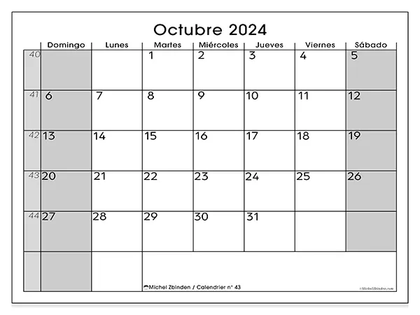 Calendario n.° 43 para octubre de 2024 para imprimir gratis. Semana: De domingo a sábado.