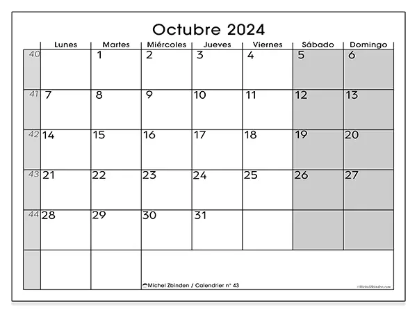 Calendario n.° 43 para imprimir gratis, octubre 2025. Semana:  De lunes a domingo