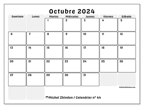 Calendario n.° 44 para octubre de 2024 para imprimir gratis. Semana: De domingo a sábado.