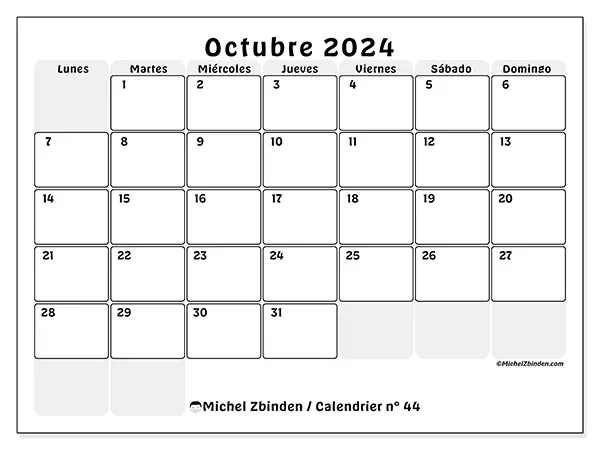 Calendario n.° 44 para octubre de 2024 para imprimir gratis. Semana: De lunes a domingo.