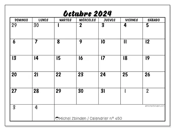Calendario n.° 450 para octubre de 2024 para imprimir gratis. Semana: De domingo a sábado.