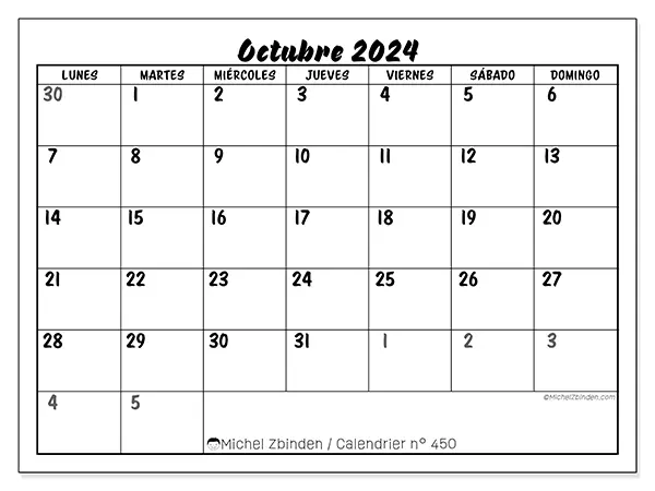 Calendario n.° 450 para imprimir gratis, octubre 2025. Semana:  De lunes a domingo