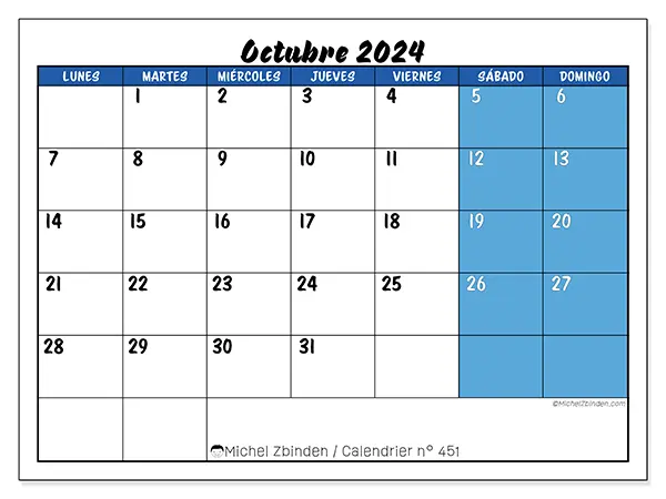 Calendario n.° 451 para octubre de 2024 para imprimir gratis. Semana: De lunes a domingo.