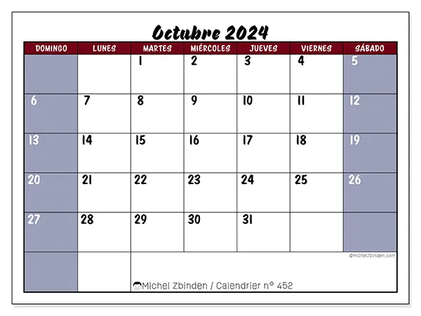 Calendario n.° 452 para octubre de 2024 para imprimir gratis. Semana: De domingo a sábado.