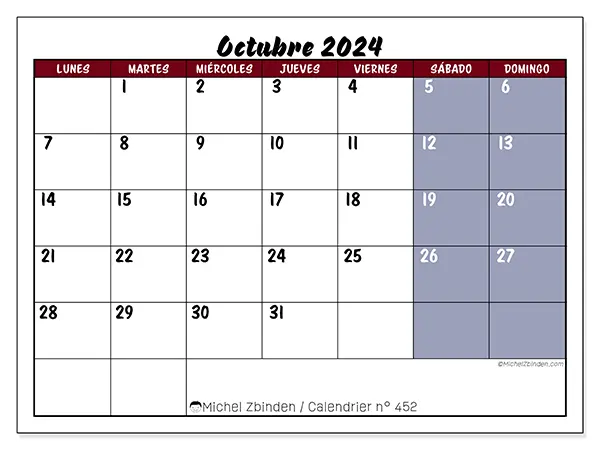Calendario n.° 452 para imprimir gratis, octubre 2025. Semana:  De lunes a domingo