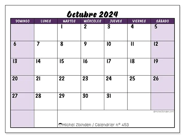 Calendario n.° 453 para octubre de 2024 para imprimir gratis. Semana: De domingo a sábado.