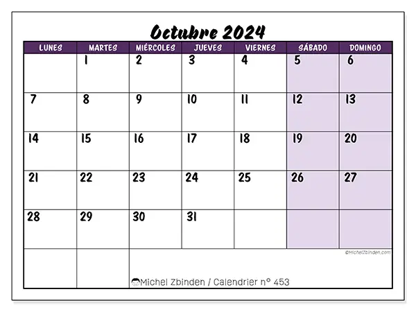 Calendario n.° 453 para imprimir gratis, octubre 2025. Semana:  De lunes a domingo