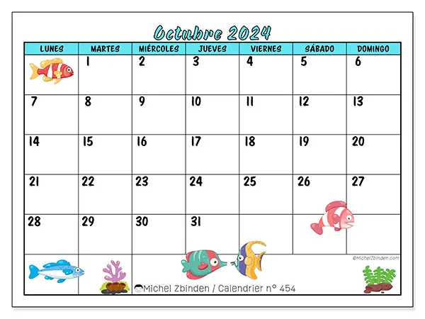 Calendario n.° 454 para octubre de 2024 para imprimir gratis. Semana: De lunes a domingo.