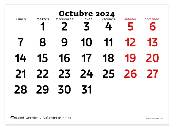 Calendario n.° 46 para octubre de 2024 para imprimir gratis. Semana: De lunes a domingo.