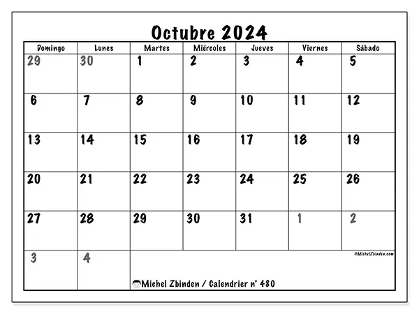 Calendario n.° 480 para octubre de 2024 para imprimir gratis. Semana: De domingo a sábado.