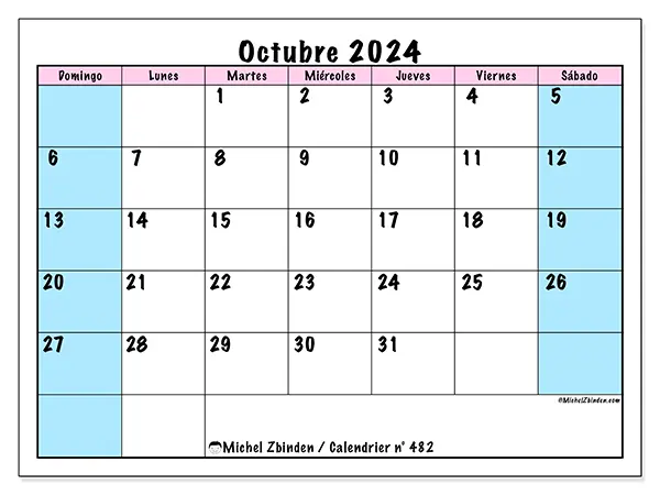 Calendario n.° 482 para octubre de 2024 para imprimir gratis. Semana: De domingo a sábado.