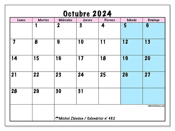 Calendario n.° 482 para octubre de 2024 para imprimir gratis. Semana: De lunes a domingo.