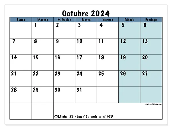 Calendario n.° 483 para octubre de 2024 para imprimir gratis. Semana: De lunes a domingo.