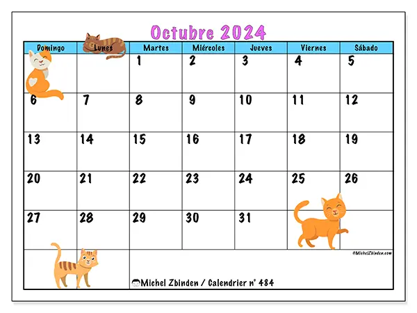 Calendario n.° 484 para octubre de 2024 para imprimir gratis. Semana: De domingo a sábado.