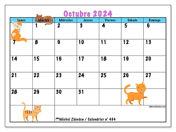 Calendario n.° 484 para octubre de 2024 para imprimir gratis. Semana: De lunes a domingo.