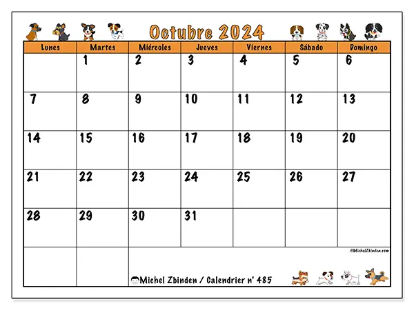 Calendario n.° 485 para octubre de 2024 para imprimir gratis. Semana: De lunes a domingo.