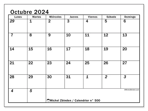 Calendario n.° 500 para imprimir gratis, octubre 2025. Semana:  De lunes a domingo